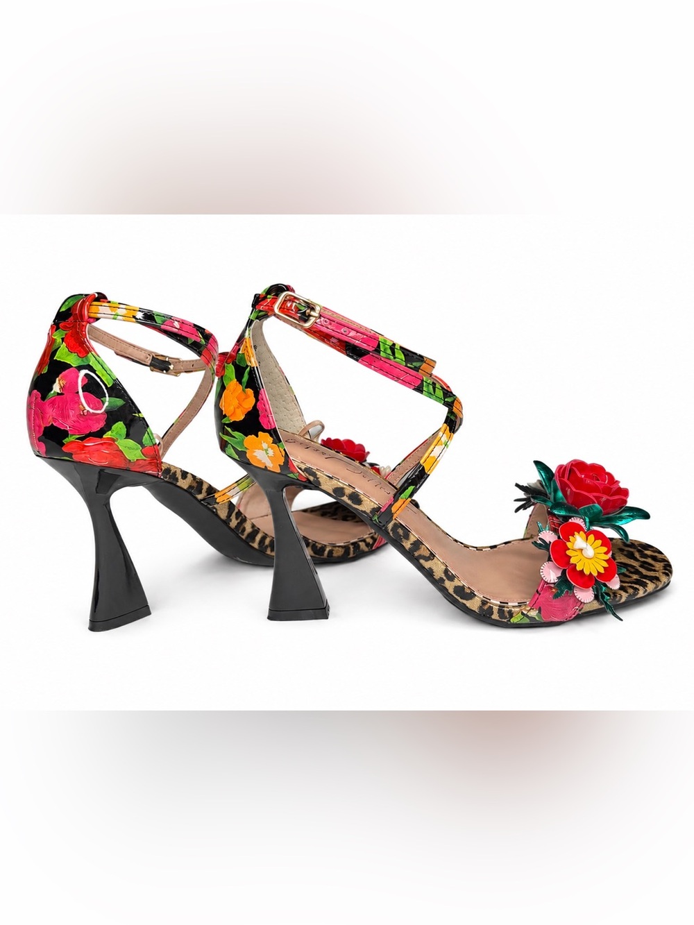 NWOT Betsey Johnson Floral Leopard Print Multicolor Floral Strappy Heel Sandals - Picture 4 of 14